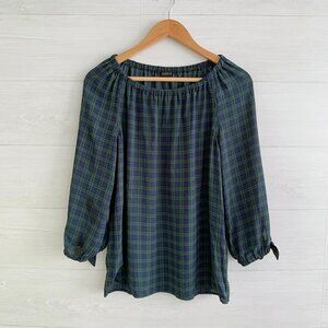 Talbots - Navy green plaid elastic neckline 3/4 tie sleeve chiffon top, S